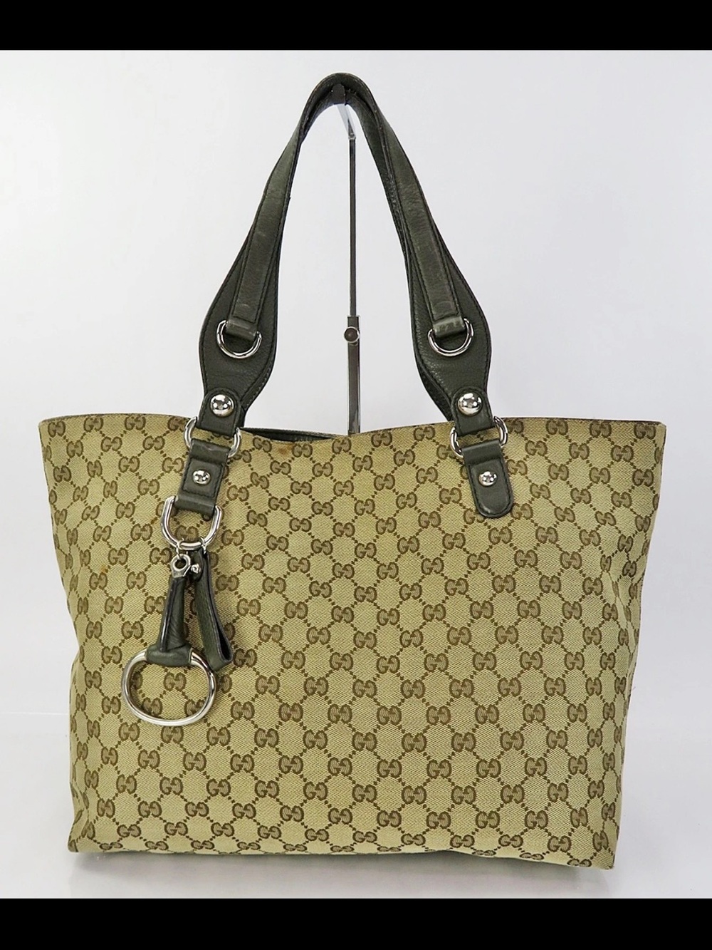 Gucci Beige Monogram Tote with Olive Green Trim